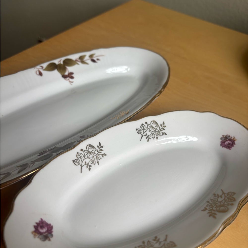 Classic White Porcelain Serving Platters with Gold and Purple Floral Trim
